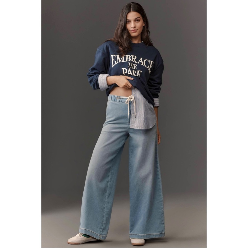 Pilcro Size S Denim-Knit Pull-On High-Rise Wide-Leg Jeans Drawstring Waist